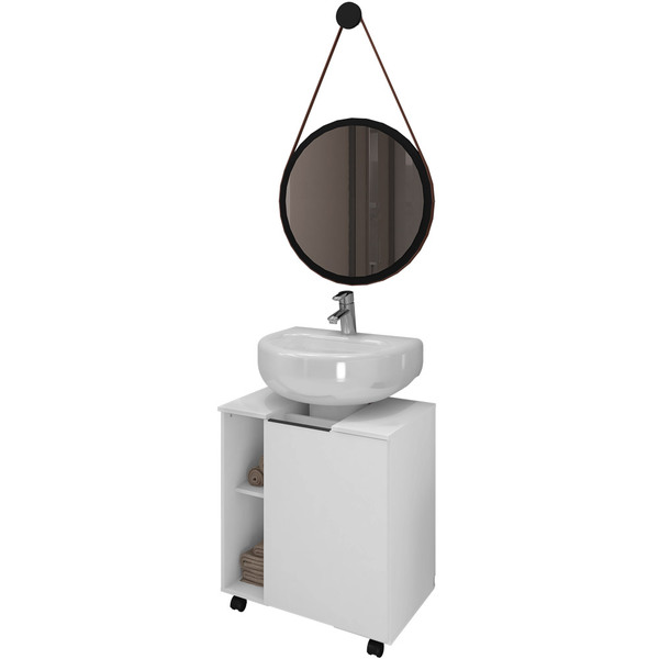 Gabinete De Coluna Para Banheiro Pequin Branco B02 Com Espelho Adnet 54 Cm Preto - Lyam Decor