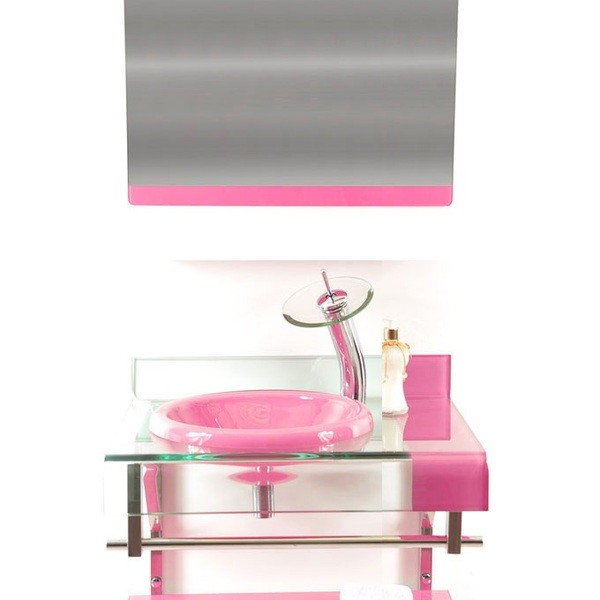 Gabinete De Vidro 60cm Curvado Duplo Inox Com Cuba Chapéu - Rosa