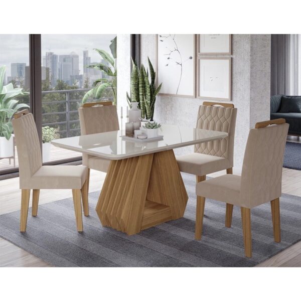Conjunto Mesa para Sala de Jantar Ágata 130×80 Tampo MDF/Vidro 4 Cadeiras Paola Cimol Nature/Off White/Nude