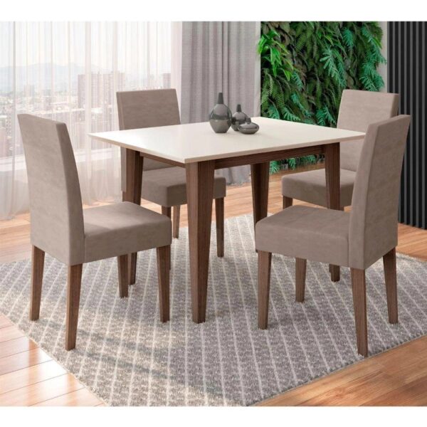 Conjunto Sala De Jantar Retangular Mesa Kate 120cm E 04 Cadeiras Josi Amêndoa Com Off White