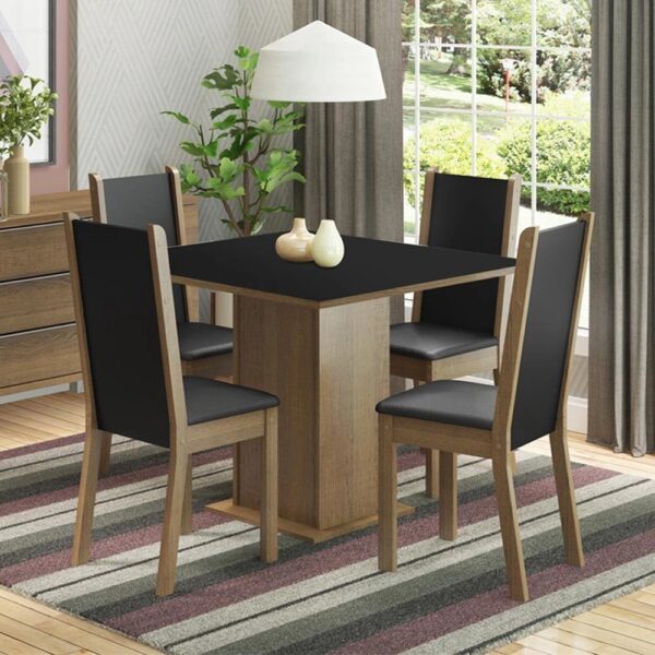 Conjunto Sala de Jantar Madesa Alana Mesa Tampo de Madeira com 4 Cadeiras – Rustic/Preto