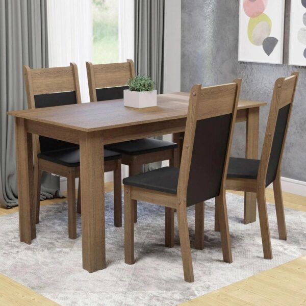 Conjunto Sala de Jantar Madesa Cali Mesa Tampo de Madeira com 4 Cadeiras – RusticPretoSintPreto