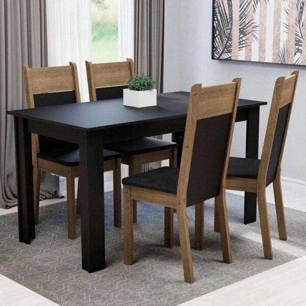Conjunto Sala de Jantar Madesa Havana Mesa Tampo de Madeira com 4 Cadeiras – Preto/Rustic