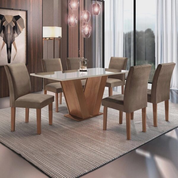 Conjunto Sala de Jantar Mesa Tampo de Vidro 6 Cadeiras Espanha Siena Móveis Chocolate