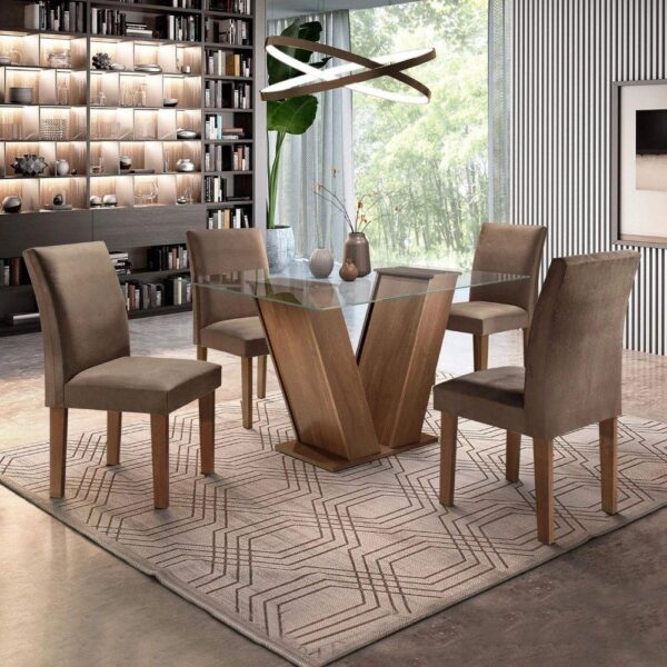 Conjunto Sala de Jantar Mesa Tampo de Vidro e 4 Cadeiras Classic Cel Móveis Chocolate/Animale