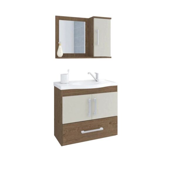 Gabinete Para Banheiro Com Lavatório E Espelho Atenas Amendoa E Off White mgm Móveis 65cm