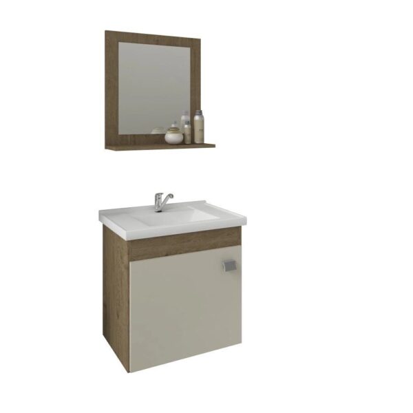 Gabinete Para Banheiro Com Lavatório E Espelho Iris Amendoa E Branco mgm Móveis 44cm