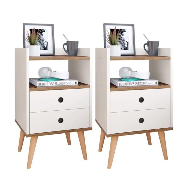 Kit 2 Mesas de Cabeceira Mesinhas Quarto Com Nicho e Gavetas Retrô Dream Plus – Off WhiteFreijó – Lojas rpm