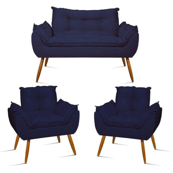 Kit Namoradeira Opala + 2 Poltronas Para Sala Balaqui Decor Cor azul Marinho