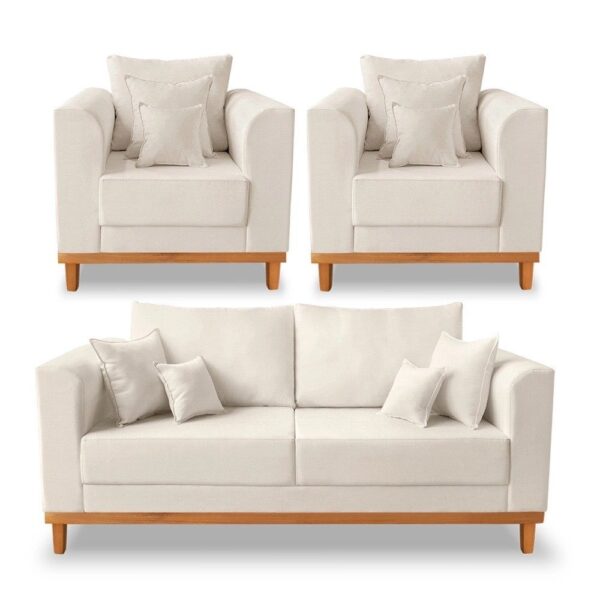 Kit Sofá 3 Lugares e 2 Poltronas Beny Viena Com Almofadas Decorativa Linho Bege – Madeira Prima Deccor