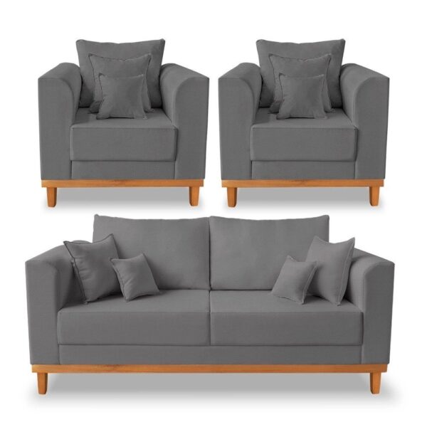 Kit Sofá 3 Lugares e 2 Poltronas Beny Viena Com Almofadas Decorativa Linho Grafite – Madeira Prima Deccor