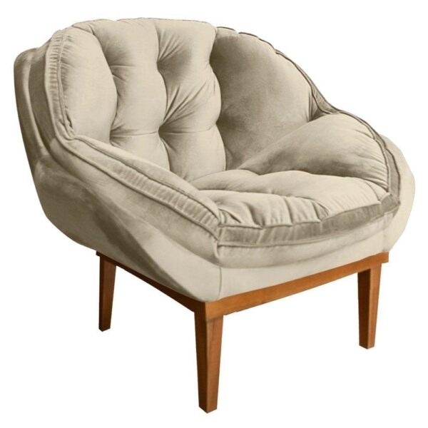 Poltrona Decorativa Veludo Base Madeira Castanho Bege