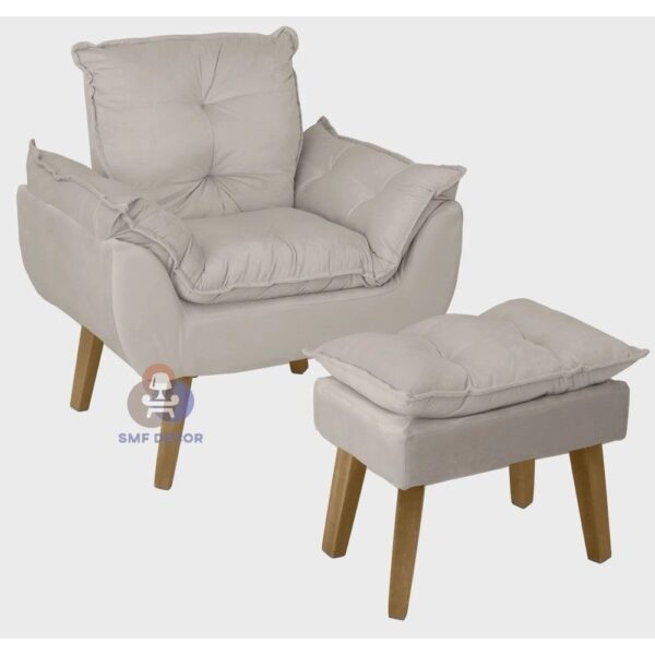 Poltrona/Cadeira Decorativa E Puff Glamour Bege Com Pés Quadrado – Bege